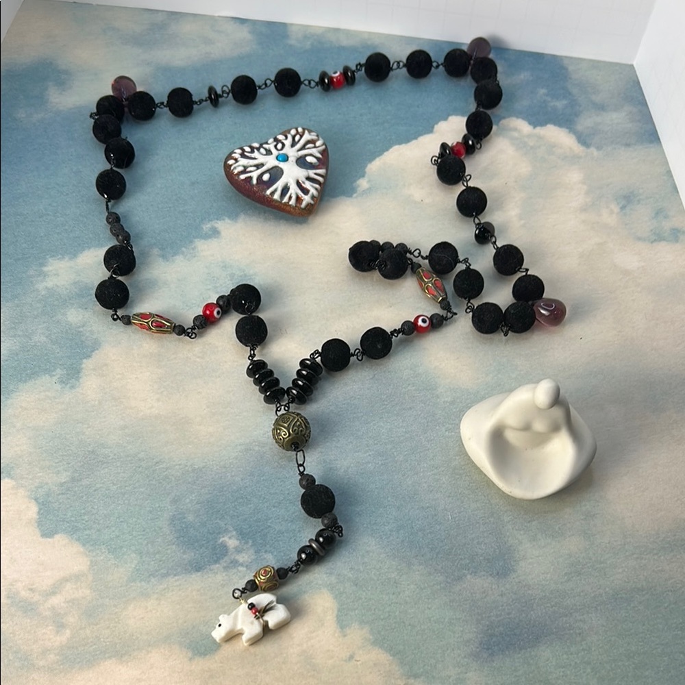 Black Velvet Beaded Necklace with Tibetan beads glass and white stone bear